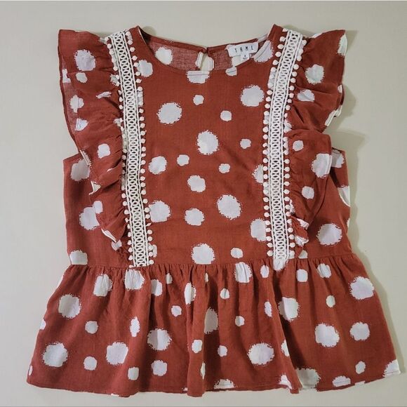 THML Women's Boho Rust and White Polka Dot Sleeveless Ruffle Peplum Blouse - Picture 1 of 14